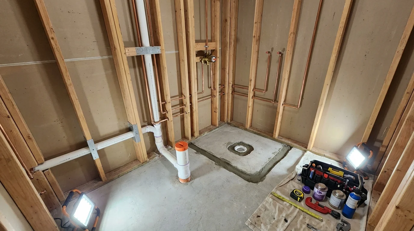 Bathroom rough-in plumbing during remodel by Johns Plumbing LLC in Harvey