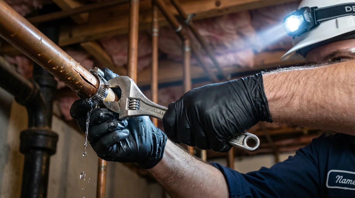 Emergency pipe clamp repair being performed by a Johns Plumbing LLC plumber in Harvey