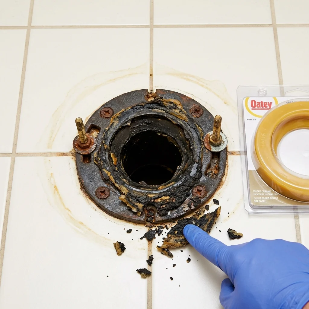 Failed wax ring showing water seepage at the base of a toilet in a Harvey, IL home